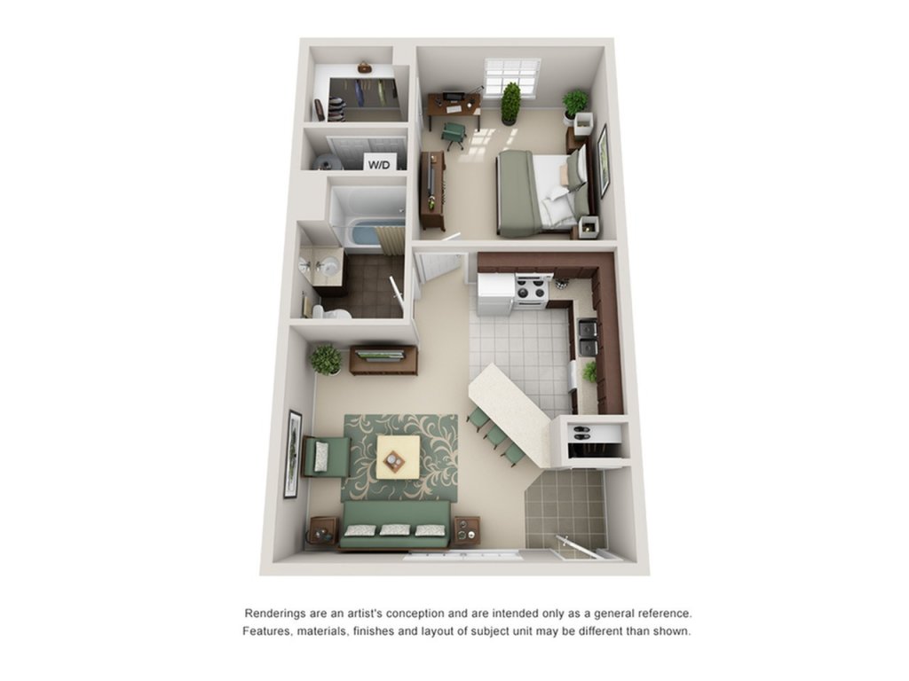 A 3D image of the 1BR/1BA – Townhome floorplan, a 560 squarefoot, 1 bed / 1 bath unit