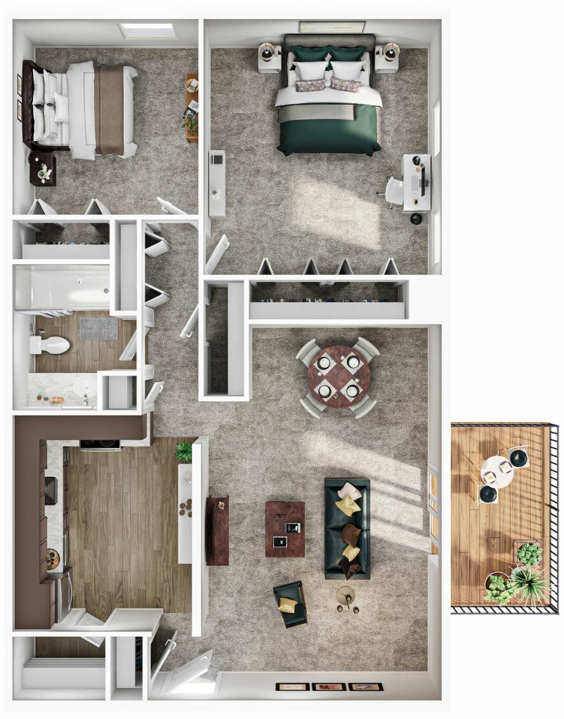 A 3D image of the 2BR/1BA – Chateau floorplan, a 930 squarefoot, 2 bed / 1 bath unit
