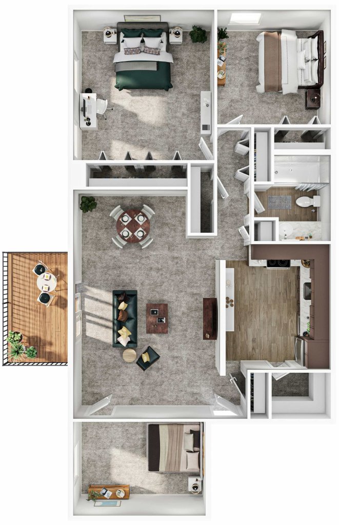 A 3D image of the 3BR/1BA – Chateau floorplan, a 1030 squarefoot, 3 bed / 1 bath unit