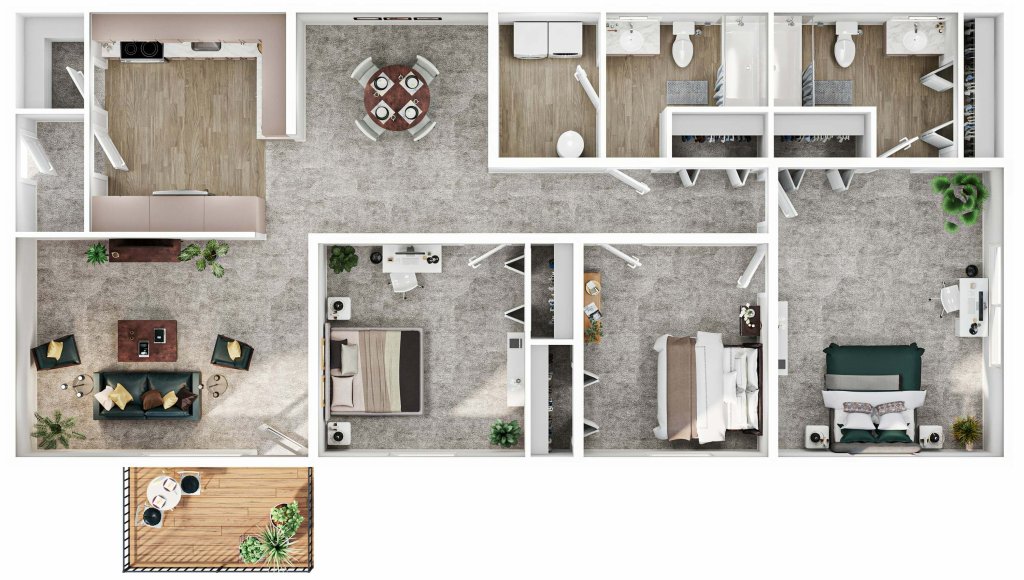 A 3D image of the 3BR/2BA – Condo floorplan, a 1150 squarefoot, 3 bed / 2 bath unit