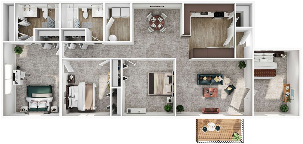A 3D image of the 4BR/2BA – Condo floorplan, a 1275 squarefoot, 4 bed / 2 bath unit