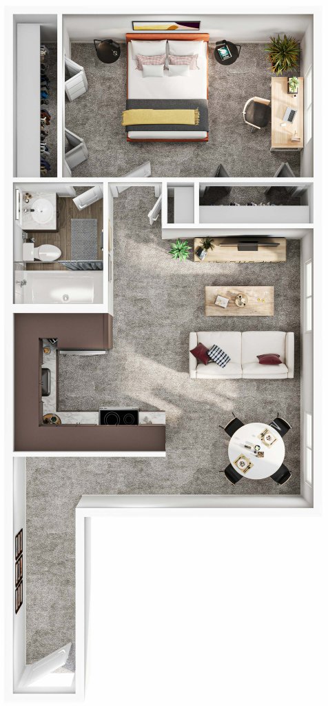 A 3D image of the 1BR/1BA – Garden floorplan, a 590 squarefoot, 1 bed / 1 bath unit