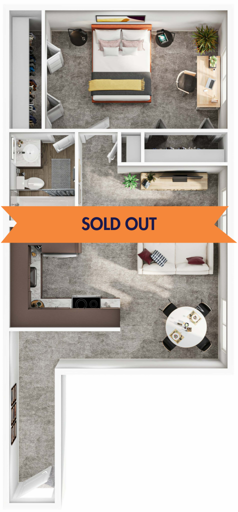 A 3D image of the 1BR/1BA – Garden floorplan, a 590 squarefoot, 1 bed / 1 bath unit