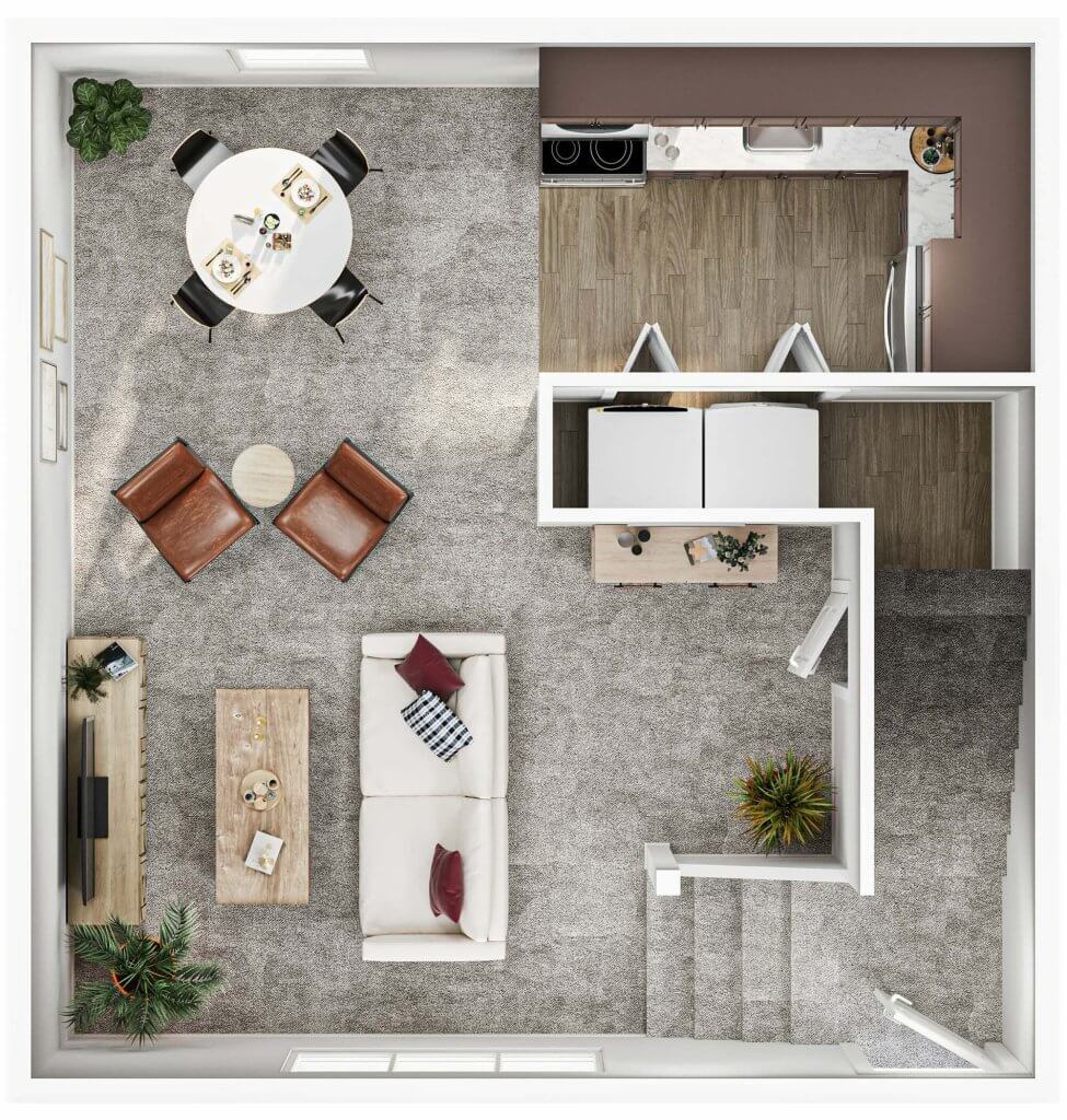 A 3D image of the 2BR/1BA – Duplex floorplan, a 900 squarefoot, 2 bed / 1 bath unit