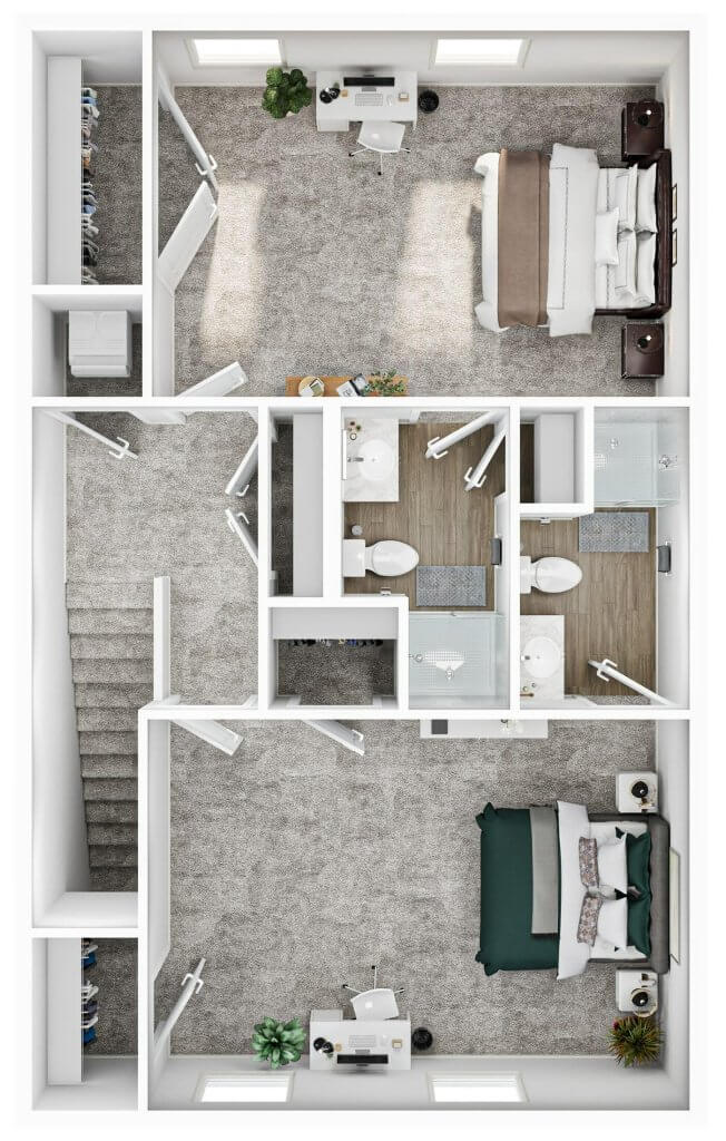 A 3D image of the 3BR/3.5BA – Townhome floorplan, a 2000 squarefoot, 3 bed / 3.5 bath unit